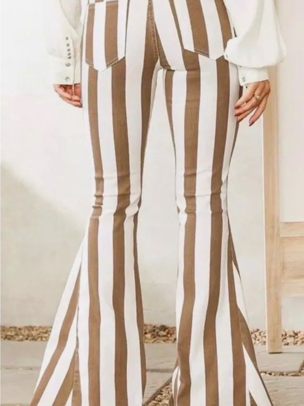 Reverof Brown & White Striped High-rise, flare jeans with a raw/frayed hem